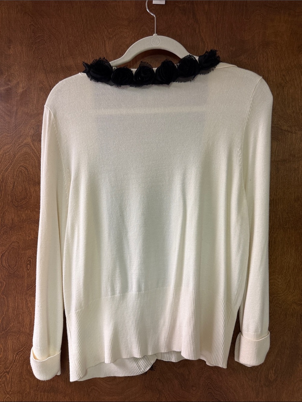 White House Black Market Ivory Cardigan with Black Rosette Trim - Picture 2 of 2